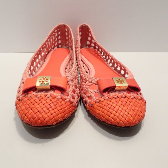 Tory Burch Shoes Flats Carlyle Woven Leather Ballet Flats Pink Orange Size 7 - Picture 1 of 5